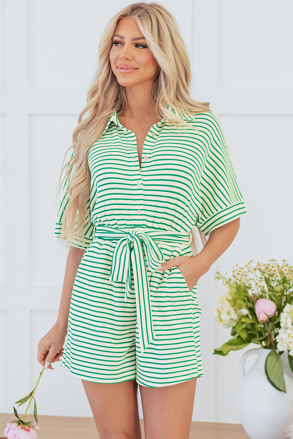 Threaded Pear Annabelle Stripe Buttoned & Tie Romper