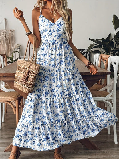 Women’s Floral Backless Maxi Dress – Strappy Dress with Bow & Flowy Skirt