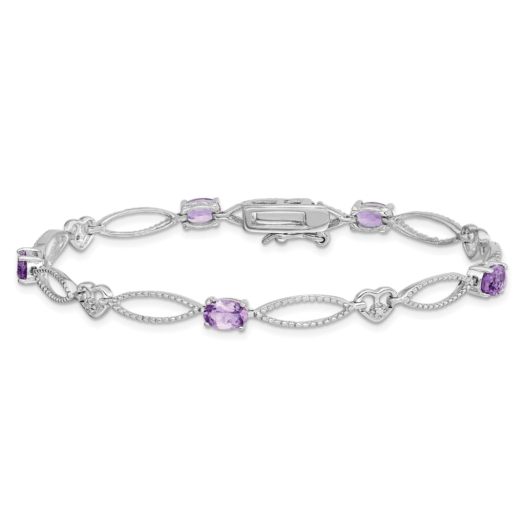 Oval Purple Amethyst & Diamond Prong Sterling Silver Heart Link Bracelet