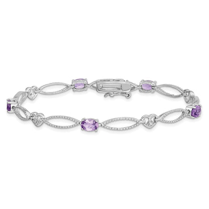 Oval Purple Amethyst & Diamond Prong Sterling Silver Heart Link Bracelet