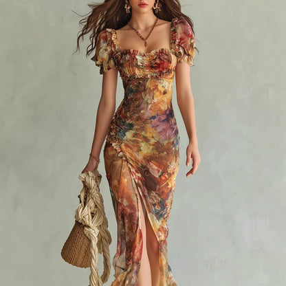 V-Neck Waist-Cinched Ruffle Hem Maxi Dress – Bodycon Long Dress in Orange