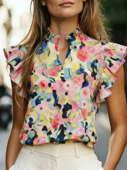 Women's Retro Ruffle-Trim Printed Sleeveless Top
