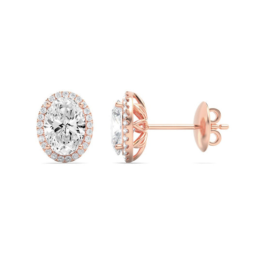 3Cttw Oval Shaped Lab Grown Diamond (F/VS) Halo Stud Earrings in 14K Gold