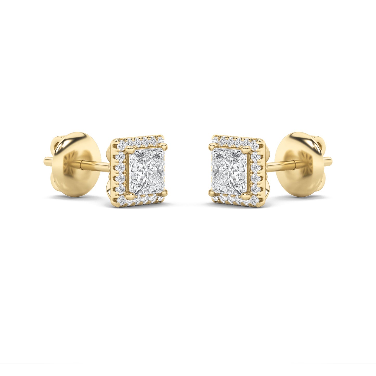 2Cttw Princess Shaped Lab Grown Diamond (F/VS) Halo Stud Earrings in 14K Gold