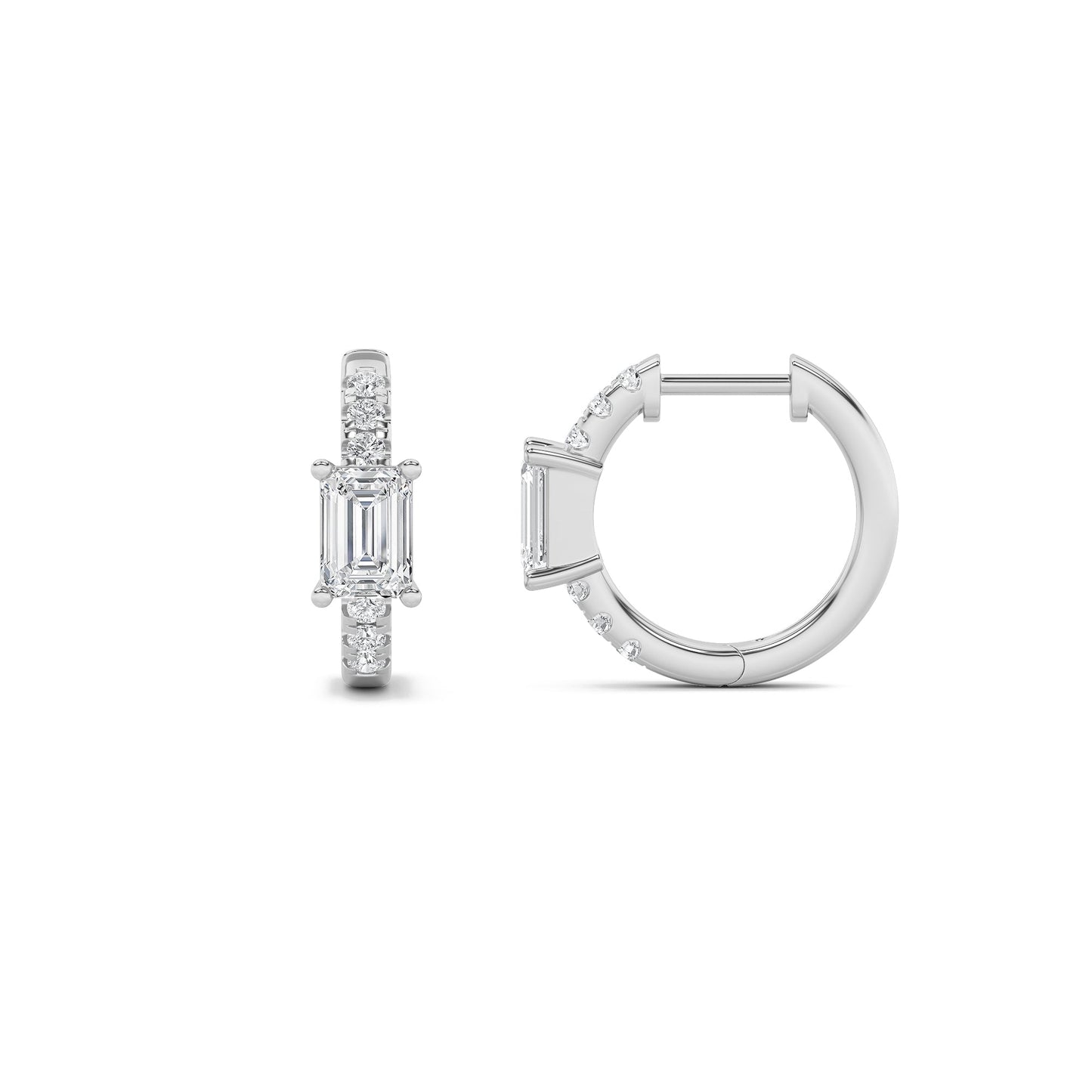 1.5Cttw Emerald Shaped Lab Grown Diamond (F/VS) Solitare Accent Huggie Earrings in 14K Gold