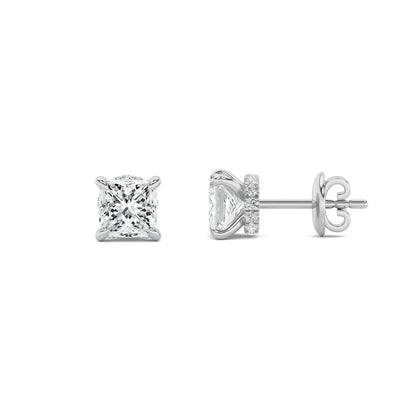 Princess Shaped Lab Grown Diamond (F/VS) Hidden Halo Stud Earrings in 14K Gold