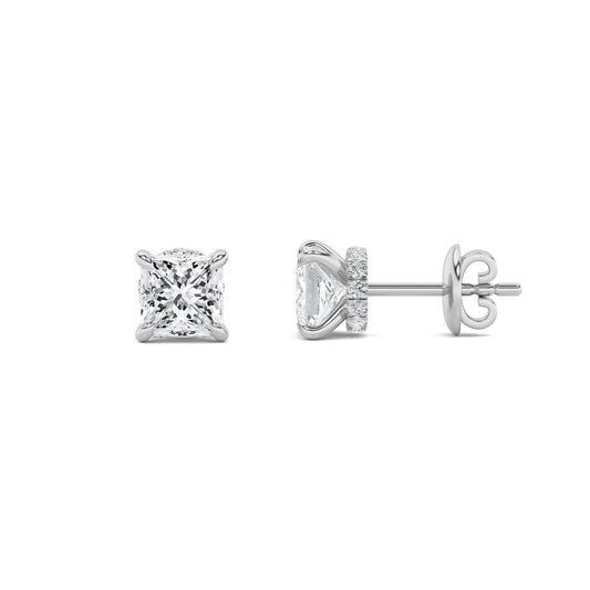 Princess Shaped Lab Grown Diamond (F/VS) Hidden Halo Stud Earrings in 14K Gold
