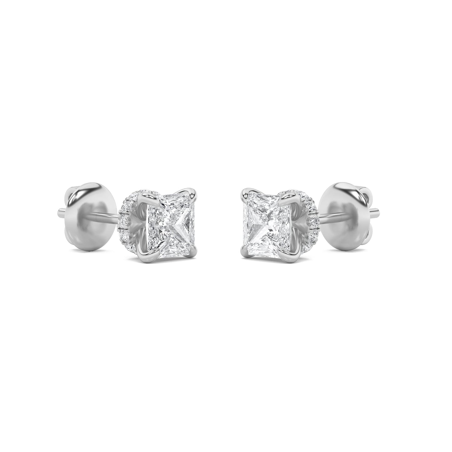 Princess Shaped Lab Grown Diamond (F/VS) Hidden Halo Stud Earrings in 14K Gold