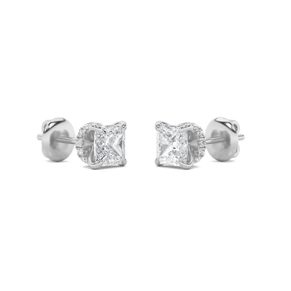 Princess Shaped Lab Grown Diamond (F/VS) Hidden Halo Stud Earrings in 14K Gold