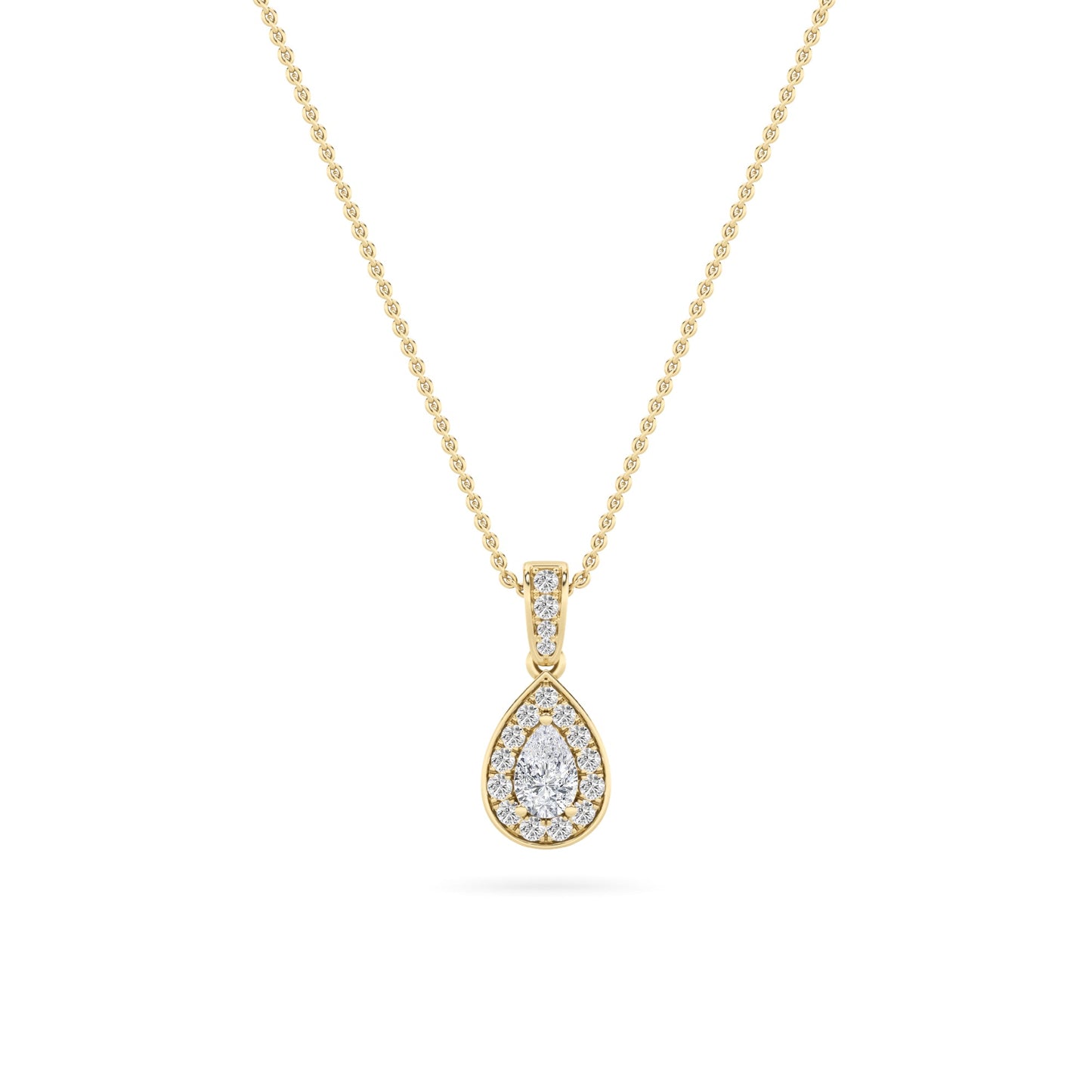 1.25 Ct Pear (F/VS) Lab Grown Diamond Prong 14K Yellow Gold Classic Halo Solitaire Pendant Necklace