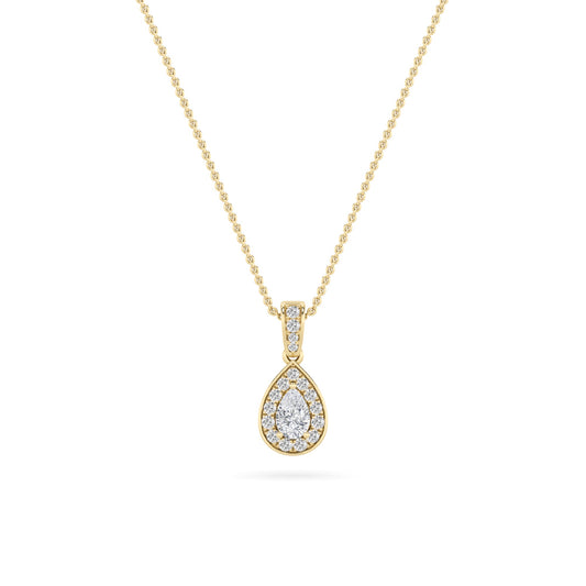 1.25 Ct Pear (F/VS) Lab Grown Diamond Prong 14K Yellow Gold Classic Halo Solitaire Pendant Necklace