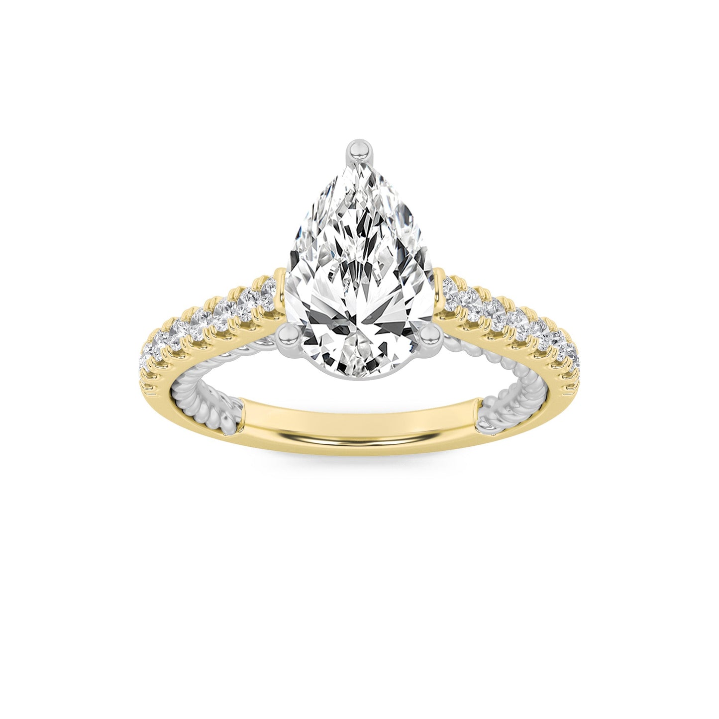 2 Ct Pear (F/VS) Lab Grown Diamond V-Prong 14K Two-Tone Gold Rope Design Accented Engagement Ring