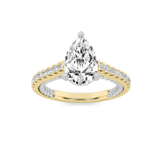 2 Ct Pear (F/VS) Lab Grown Diamond V-Prong 14K Two-Tone Gold Rope Design Accented Engagement Ring
