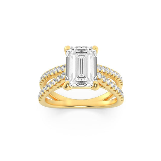 2 Ct Emerald (F/VS) Lab Grown Diamond Prong 14K Yellow Gold Cross Shank Accented Engagement Ring