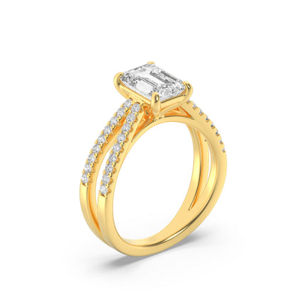 2 Ct Emerald (F/VS) Lab Grown Diamond Prong 14K Yellow Gold Cross Shank Accented Engagement Ring