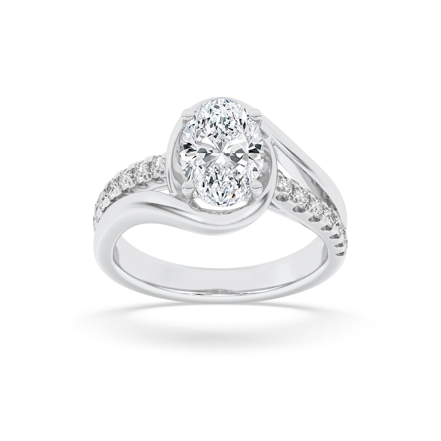 2Cttw Oval Shaped Lab Grown Diamond (G/VS) Swirl Shank Accented Engagement Ring in 14K Gold
