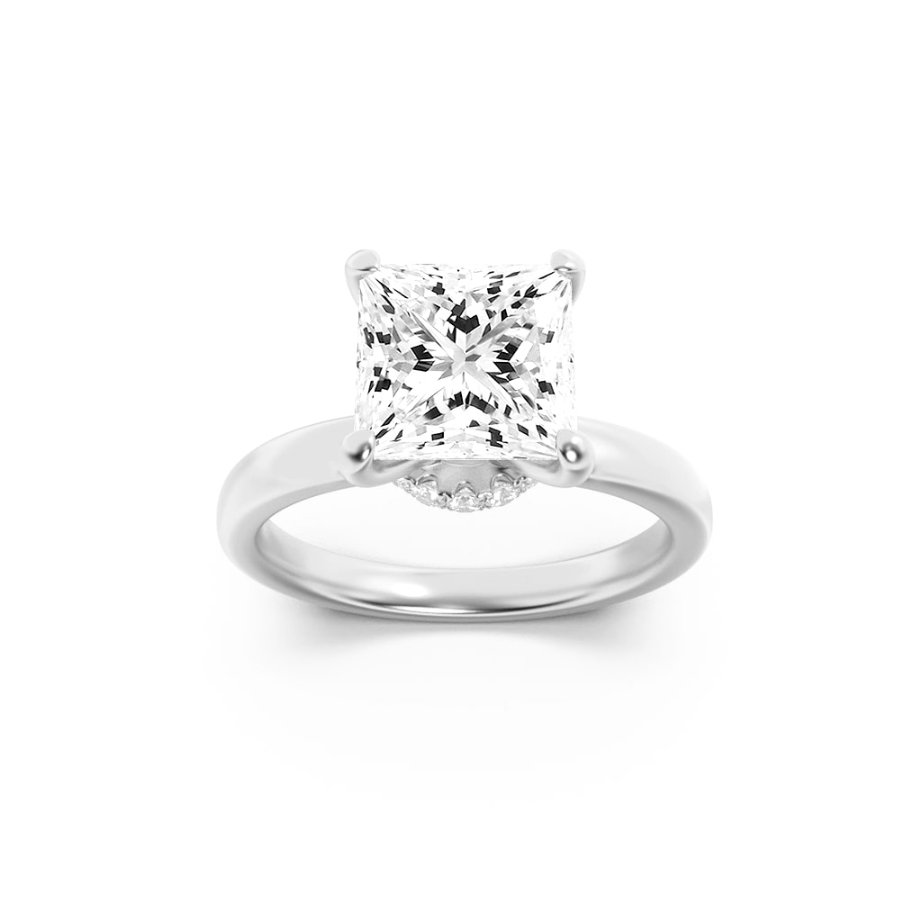 1Cttw Princess Shaped Lab Grown Diamond (F/VS) Hidden Halo Plain Shank Engagement Ring in 14K Gold