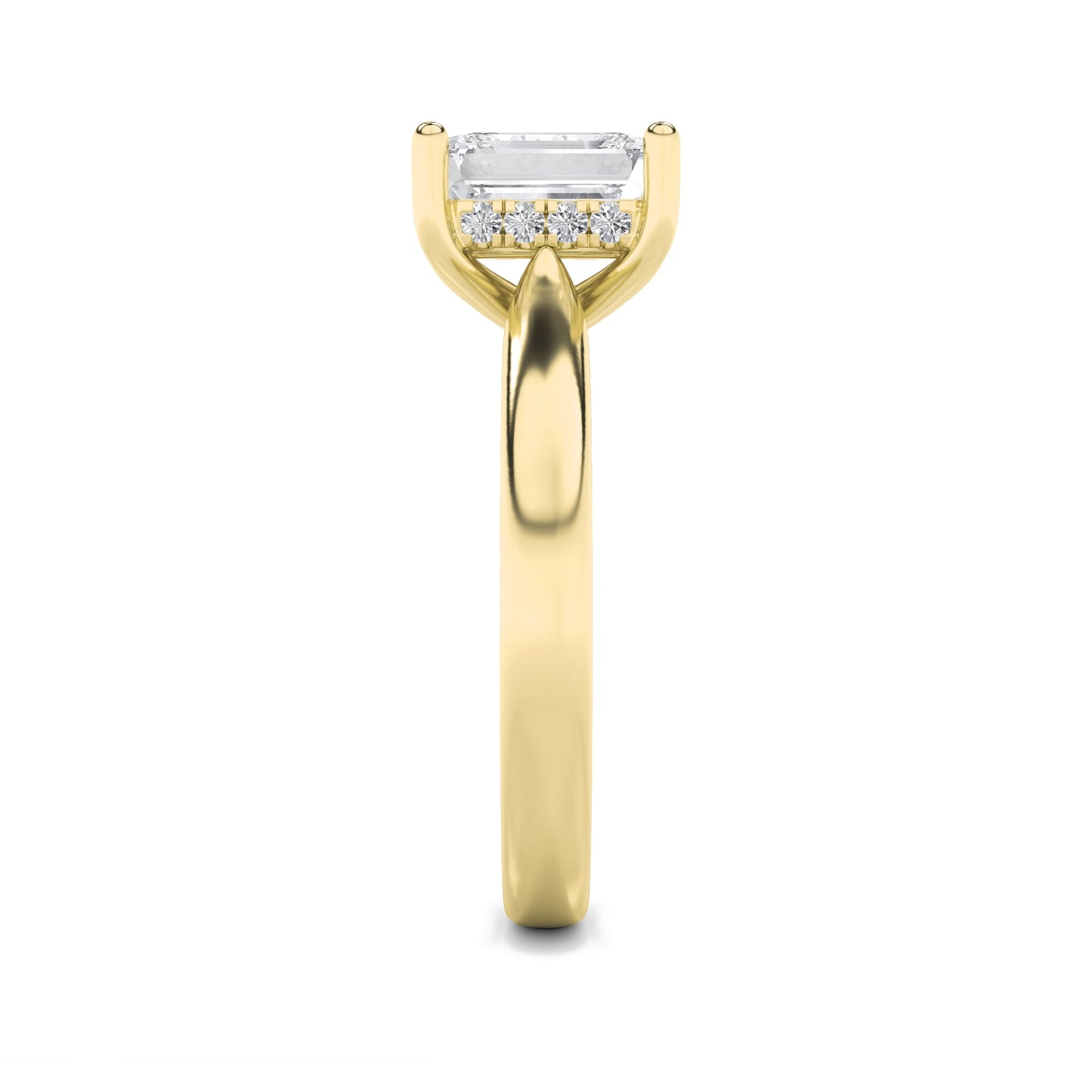 1Cttw Emerald Shaped Lab Grown Diamond (F/VS) Hidden Halo Cathedral Shank Engagement Ring in 14K Gold