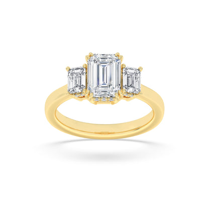 3Cttw Emerald Shaped Lab Grown Diamond (F/VS) Three Stone Accented Ring in 14K Gold