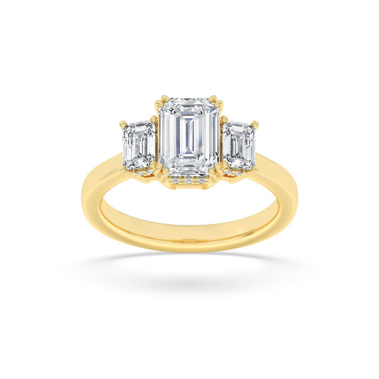 3Cttw Emerald Shaped Lab Grown Diamond (F/VS) Three Stone Accented Ring in 14K Gold