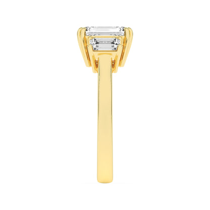 3Cttw Emerald Shaped Lab Grown Diamond (F/VS) Three Stone Accented Ring in 14K Gold