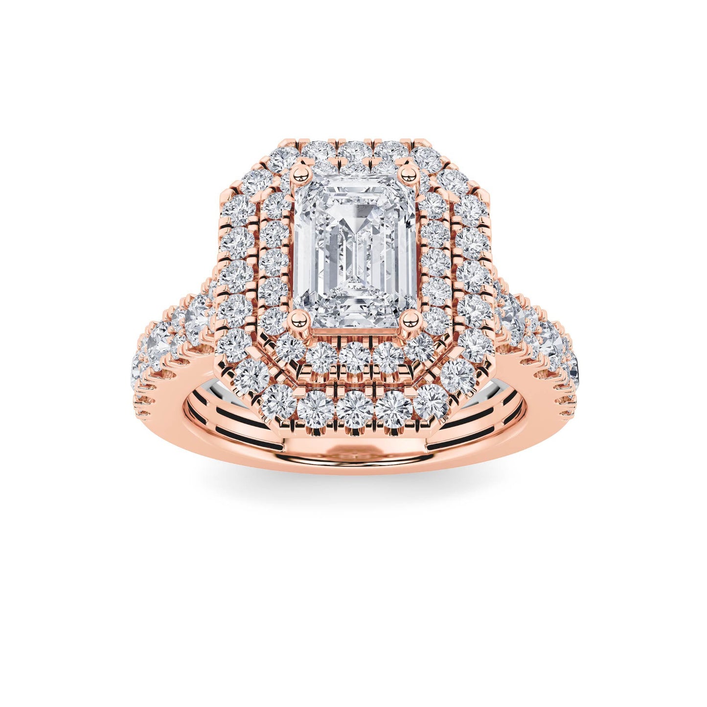 2Cttw Emerald Shaped Lab Grown Diamond (F/VS) Double Halo Engagement Ring in 14K Gold