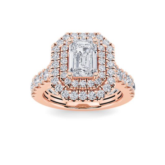 2Cttw Emerald Shaped Lab Grown Diamond (F/VS) Double Halo Engagement Ring in 14K Gold