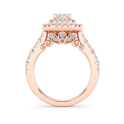 2Cttw Emerald Shaped Lab Grown Diamond (F/VS) Double Halo Engagement Ring in 14K Gold
