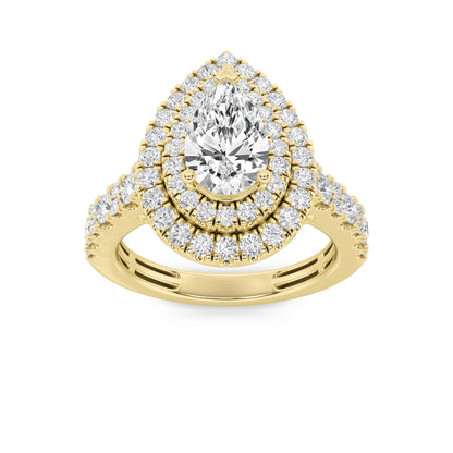2Cttw Pear Shaped Lab Grown Diamond (F/VS) DoubleHalo Engagement Ring in 14K Gold