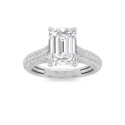 1.5Cttw Emerald Shaped Lab Grown Diamond (F/VS) Hidden Halo Accented Engagement Ring in 14K Gold
