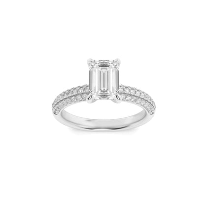 1.5Cttw Emerald Shaped Lab Grown Diamond Three Row Micro Pave Engagement Ring in 14K Gold