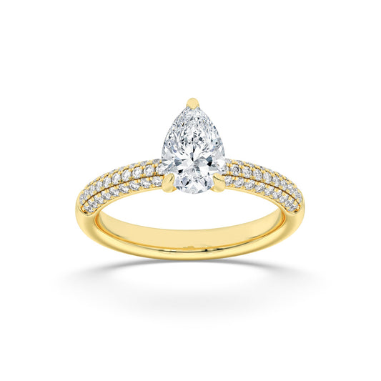 1.5Cttw Pear Shaped Lab Grown Diamond (F/VS) Three Row Micro Pave Engagement Ring in 14K Gold