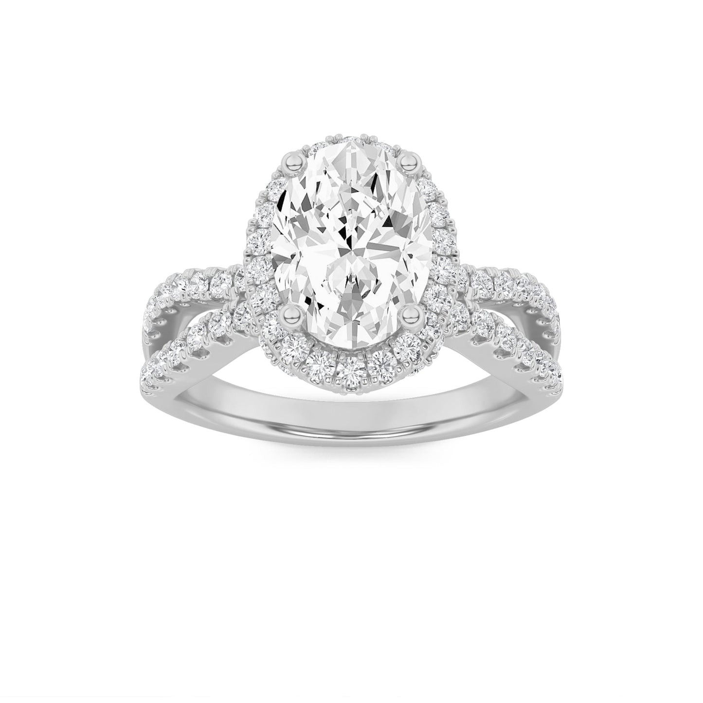 2Cttw Oval Shaped Lab Grown Diamond (F/VS) Split Shank Halo Accented Engagement Ring in 14K Gold