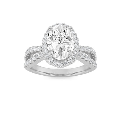 2Cttw Oval Shaped Lab Grown Diamond (F/VS) Split Shank Halo Accented Engagement Ring in 14K Gold