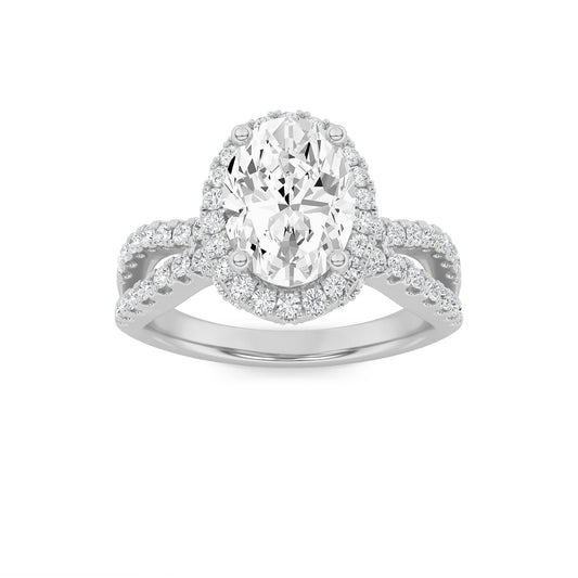 2Cttw Oval Shaped Lab Grown Diamond (F/VS) Split Shank Halo Accented Engagement Ring in 14K Gold