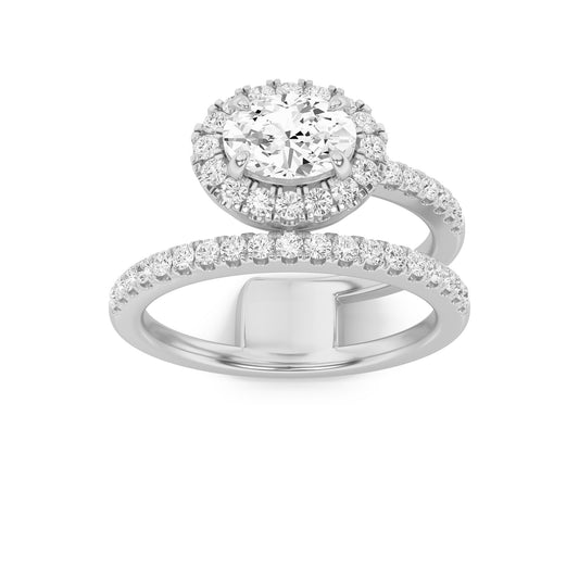 1Cttw Oval Shaped Lab Grown Diamond (F/VS) Halo Accented Fashion Ring in 14K Gold