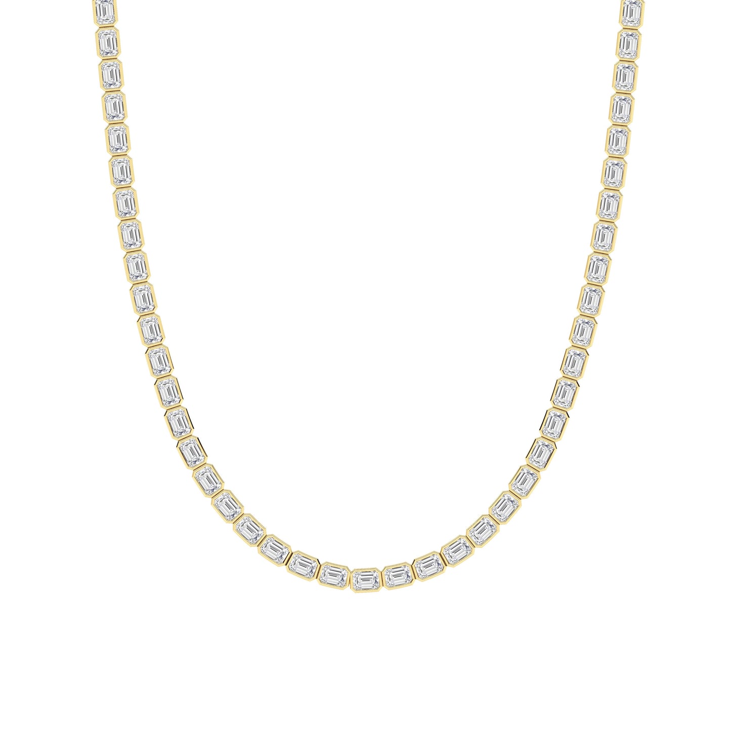 30.0 Ct Emerald (F/VS) Lab Grown Diamond Bezel 14K Yellow Gold Classic Eternity Tennis Necklace