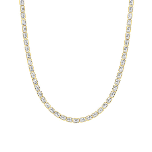30.0 Ct Emerald (F/VS) Lab Grown Diamond Bezel 14K Yellow Gold Classic Eternity Tennis Necklace