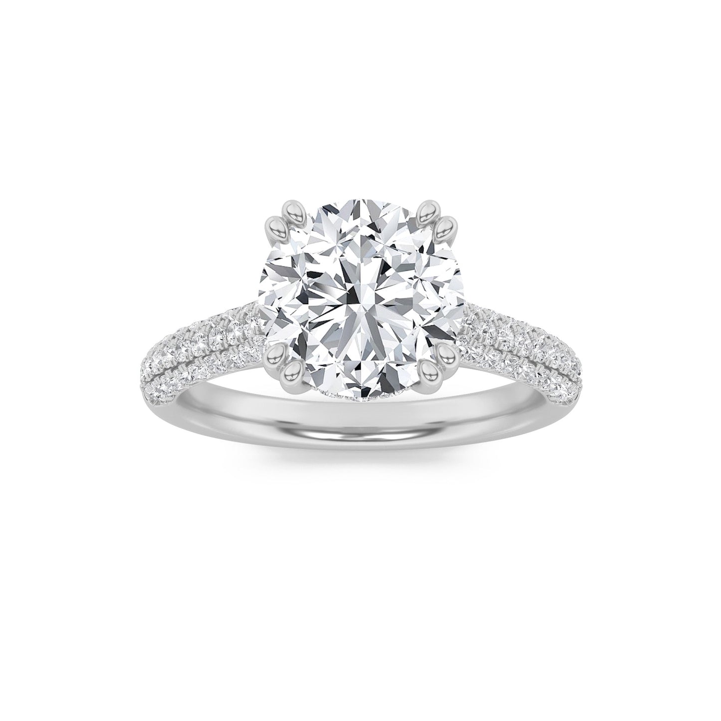3 Ct Round Cut (F/VS) Lab Grown Diamond Double Claw Prong 14K White Gold Triple Row Pavé Accented Engagement Ring