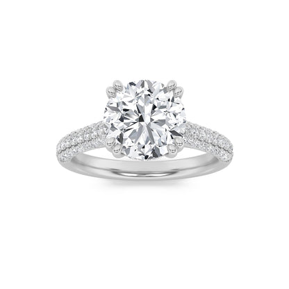 3 Ct Round Cut (F/VS) Lab Grown Diamond Double Claw Prong 14K White Gold Triple Row Pavé Accented Engagement Ring