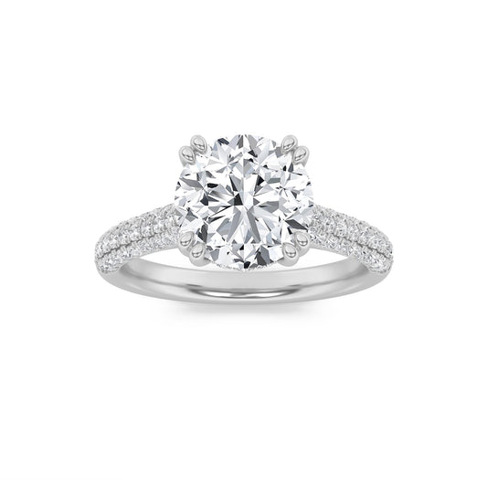 3 Ct Round Cut (F/VS) Lab Grown Diamond Double Claw Prong 14K White Gold Triple Row Pavé Accented Engagement Ring