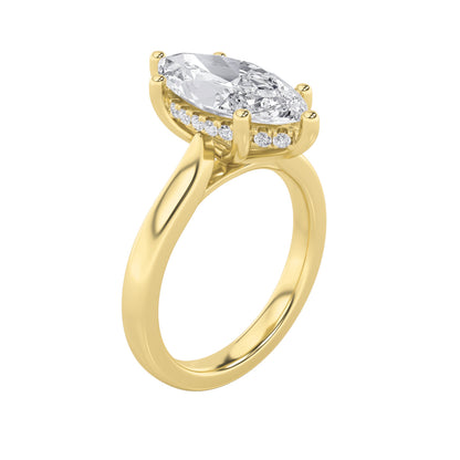 2Cttw Marquise Shaped Lab Grown Diamond (F/VS) Hidden Halo Cathedral Shank Engagement Ring in 14K Gold