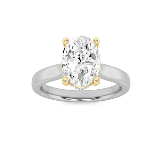 2Cttw Oval Shaped Lab Grown Diamond (F/VVS) HiddenHalo Cathedral Shank Engagement Ring in 14K Gold