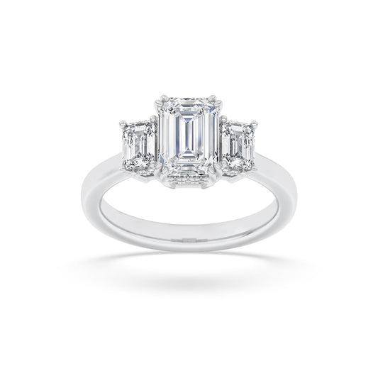 3Cttw Emerald Shaped Lab Grown Diamond (F/VS) Three Stone Accented Ring in 14K Gold