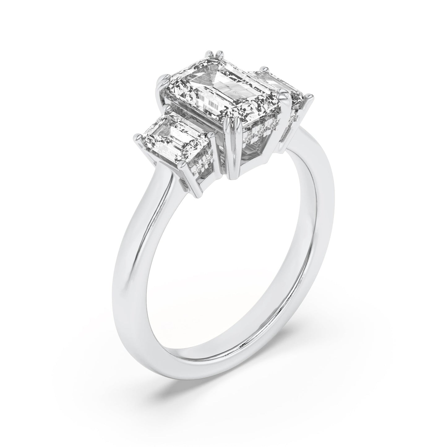 3Cttw Emerald Shaped Lab Grown Diamond (F/VS) Three Stone Accented Ring in 14K Gold