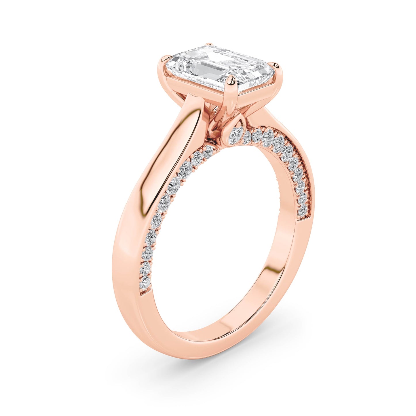 2Cttw Emerald Shaped Lab Grown Diamond (G/VS) Accented Bridge Shank Engagement Ring in 14K Gold