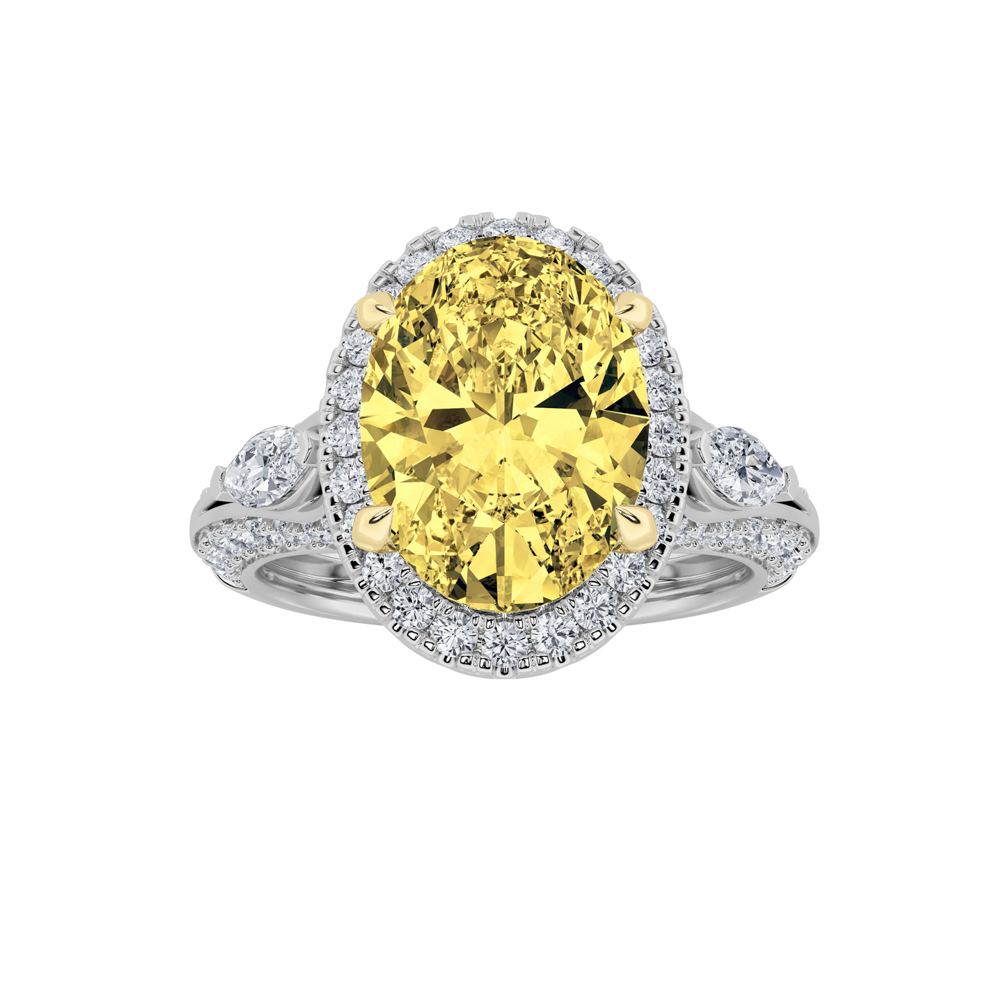 3Cttw Oval Shaped Yellow Lab Grown Diamond (F/VS) Three Stone Halo Engagement Ring in 14K Gold