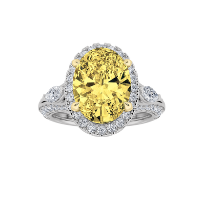 3Cttw Oval Shaped Yellow Lab Grown Diamond (F/VS) Three Stone Halo Engagement Ring in 14K Gold
