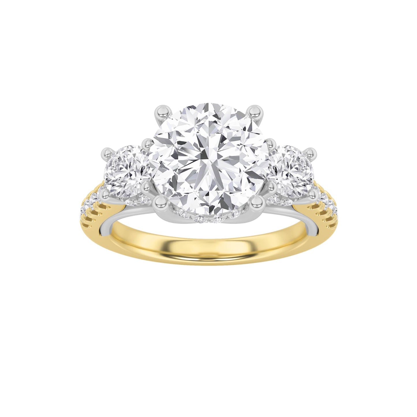 3Cttw Round Shaped Lab Grown Diamond (F/VS) Accented Three Stone Ring in 14K Gold