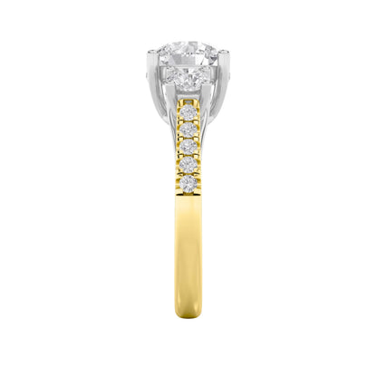 3Cttw Round Shaped Lab Grown Diamond (F/VS) Accented Three Stone Ring in 14K Gold